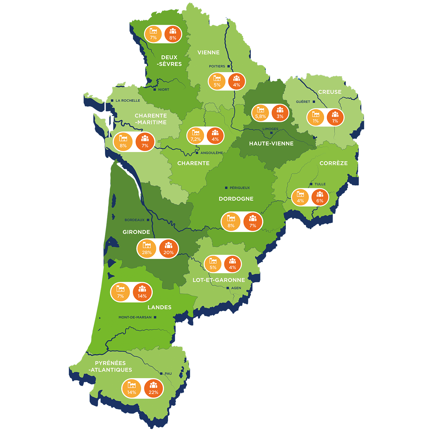 Carte des 12 pôles d'activités de la chimie en Nouvelle-Aquitaine